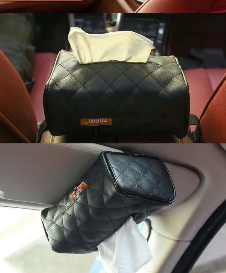 Leather car hanging tray tissue box holder in beige on sun visor measuring 17cm length