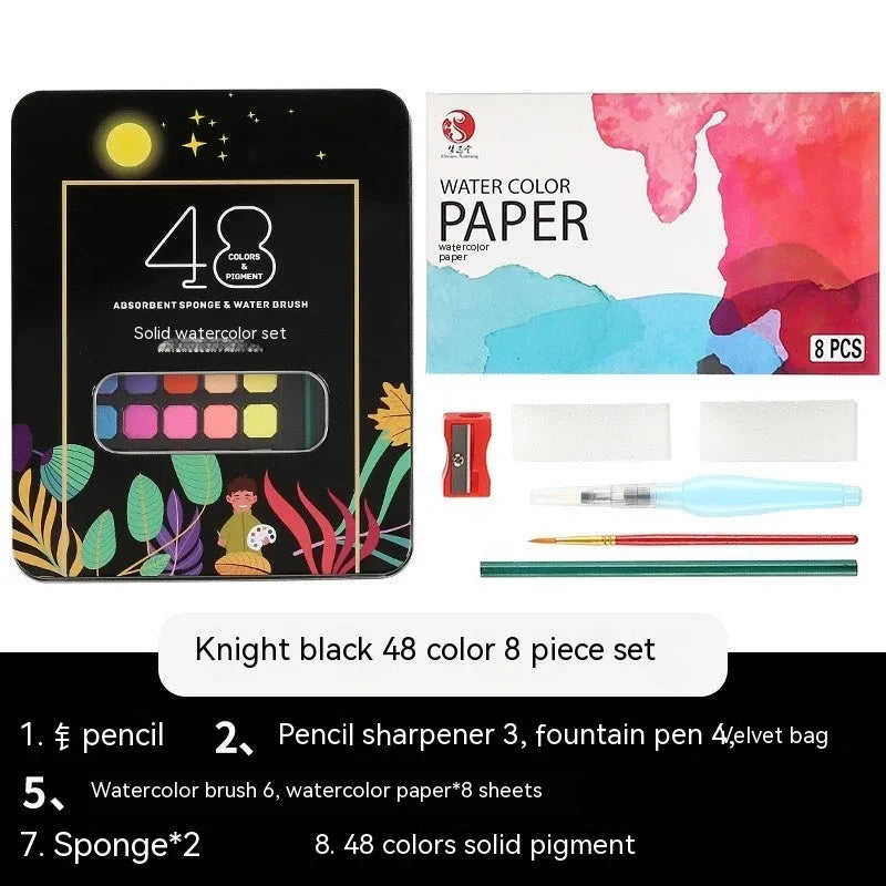Solid watercolour paint set open to show 48 different colour pans in a box