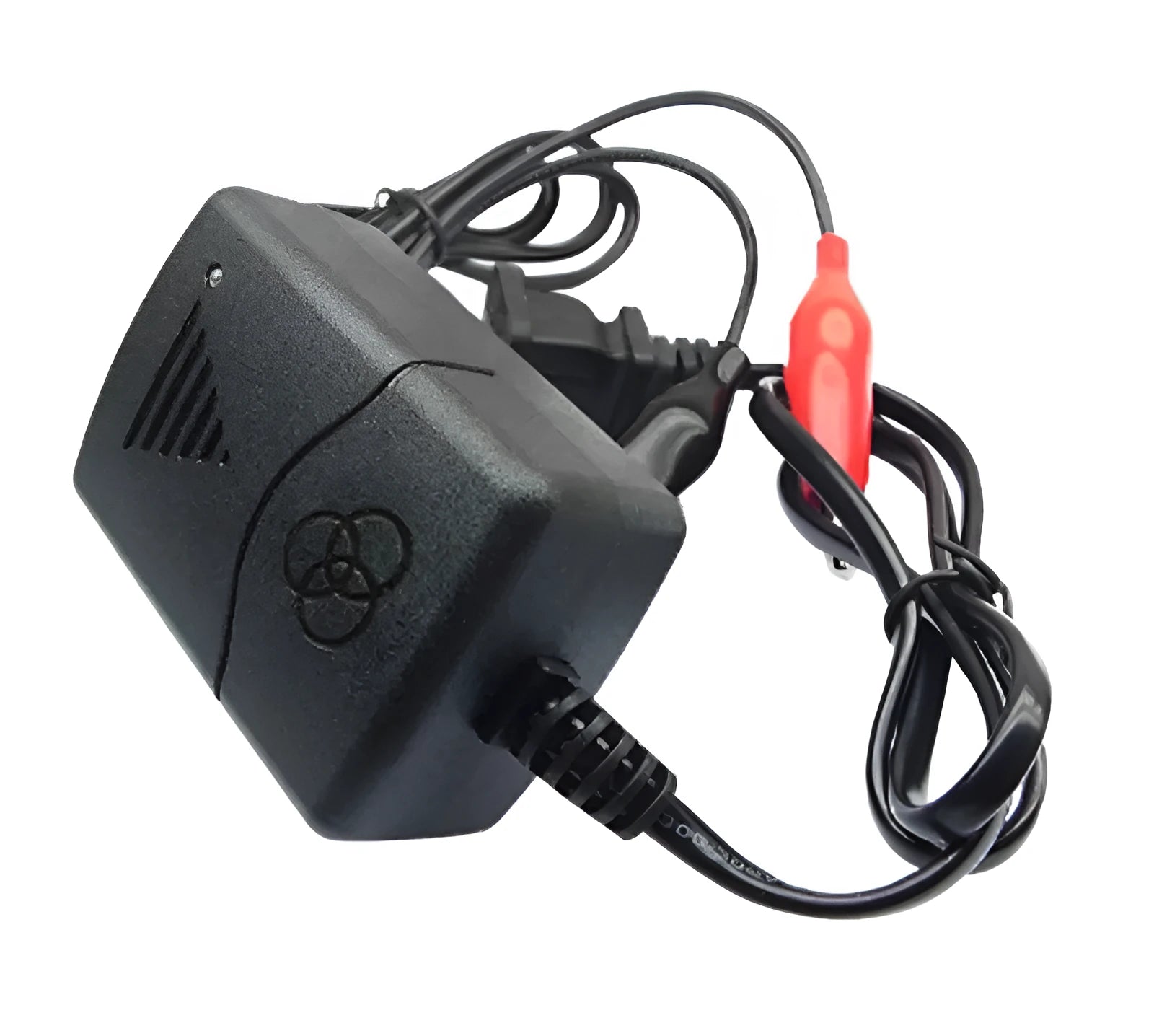 Compact 12V black battery charger for car truck motorcycle with 1250mA output on white background