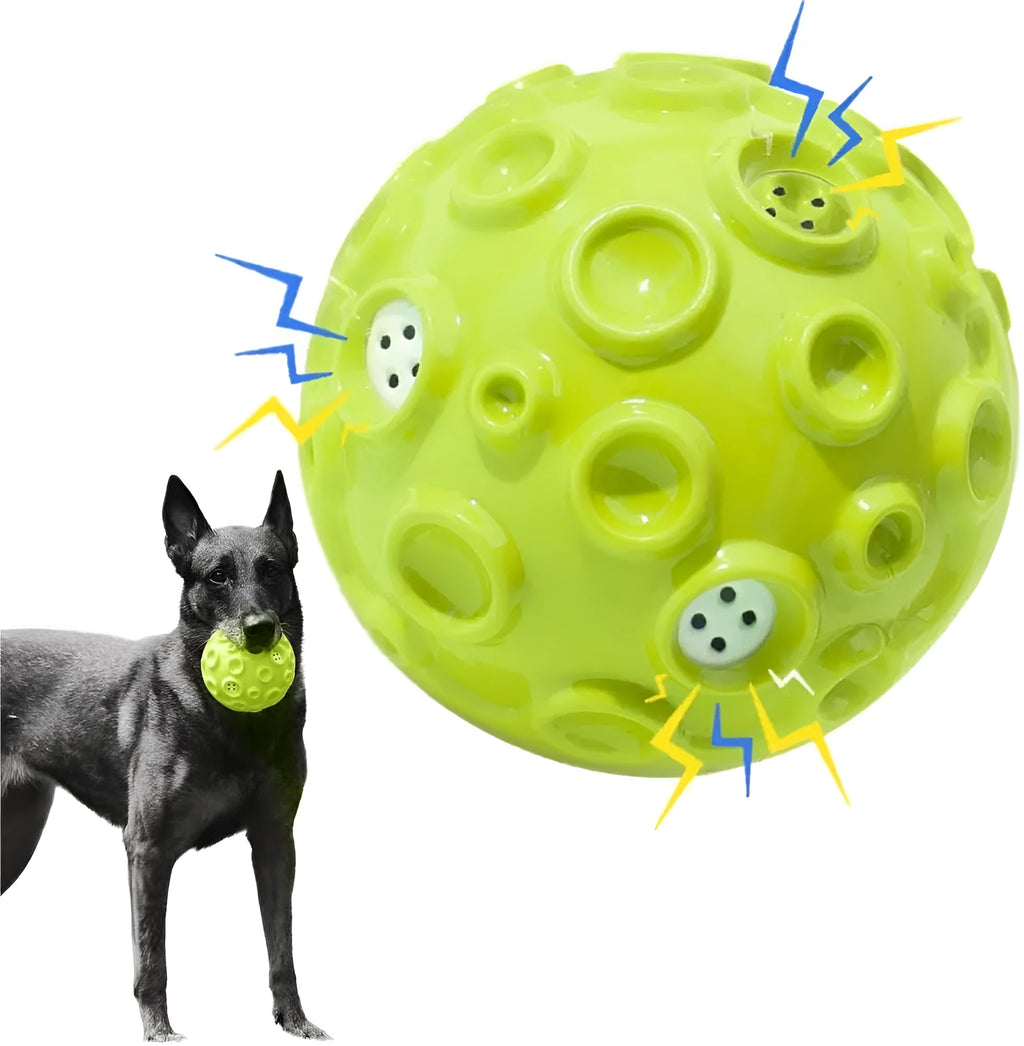 Durable interactive dog toy ball with meteorite bumps and magical squeaky sound in multiple colours