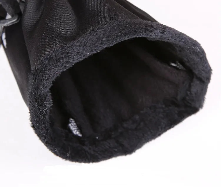 Pair of insulated mittens in black, grey, blue, and pink made from fleece and diving cloth