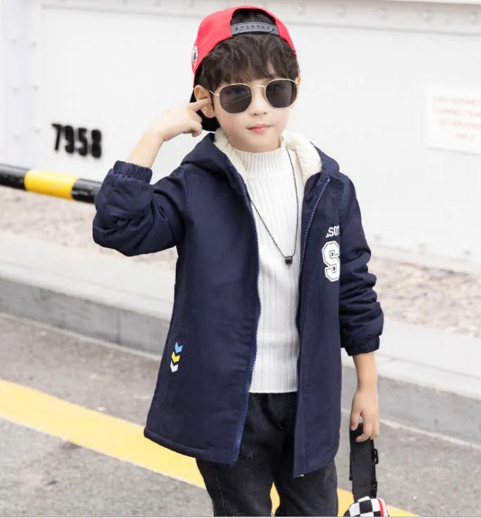Children's winter jacket plus velvet lining casual windbreaker style for boys sizes 110-160cm