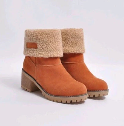 Stylish mid-calf suede snow boots with thick heels in various colors including gray, khaki, black, orange, and green