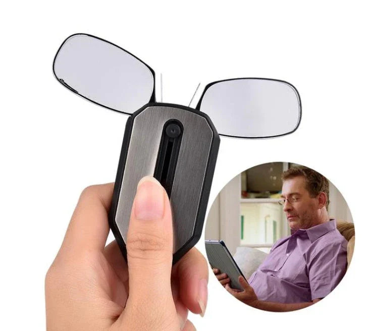 Compact magnetic reading glasses with rimless frames and adjustable nose clip