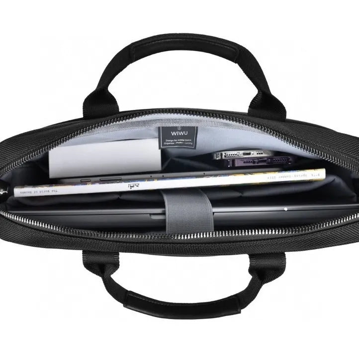 Black Oxford cloth laptop handbag showing multi-pocket organisation and expansion feature.