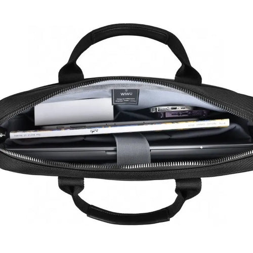 Black Oxford cloth laptop handbag showing multi-pocket organisation and expansion feature.