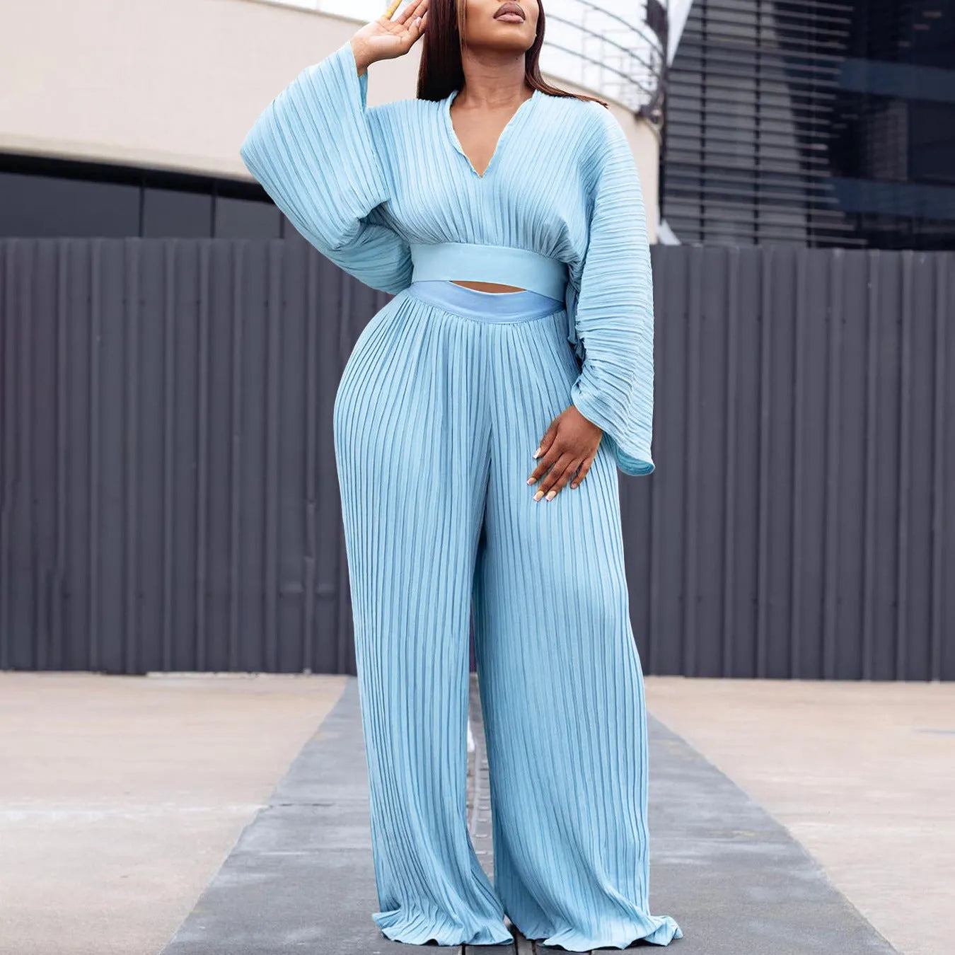 African suit set with batwing sleeve top and wide leg trousers in sapphire blue