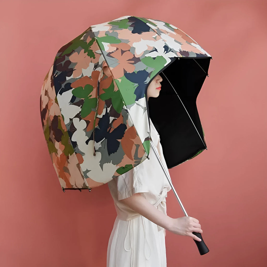 76cm diameter helmet umbrella with long handle in vinyl-laminated NC fabric showing dual sun and rain protection design