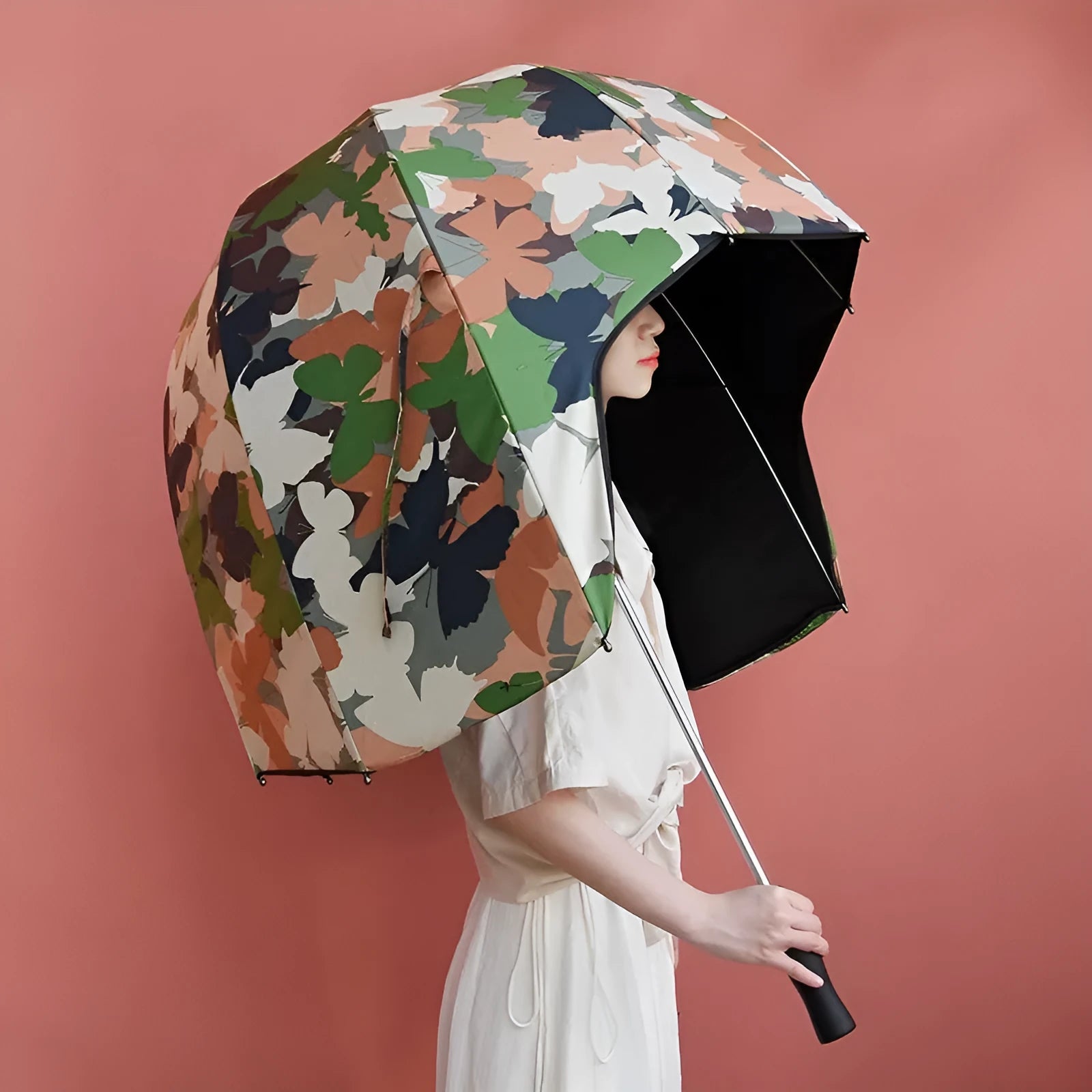 76cm diameter helmet umbrella with long handle in vinyl-laminated NC fabric showing dual sun and rain protection design