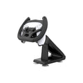 Black ABS plastic gamepad steering wheel bracket with suction cup, holding a mobile phone for gaming.