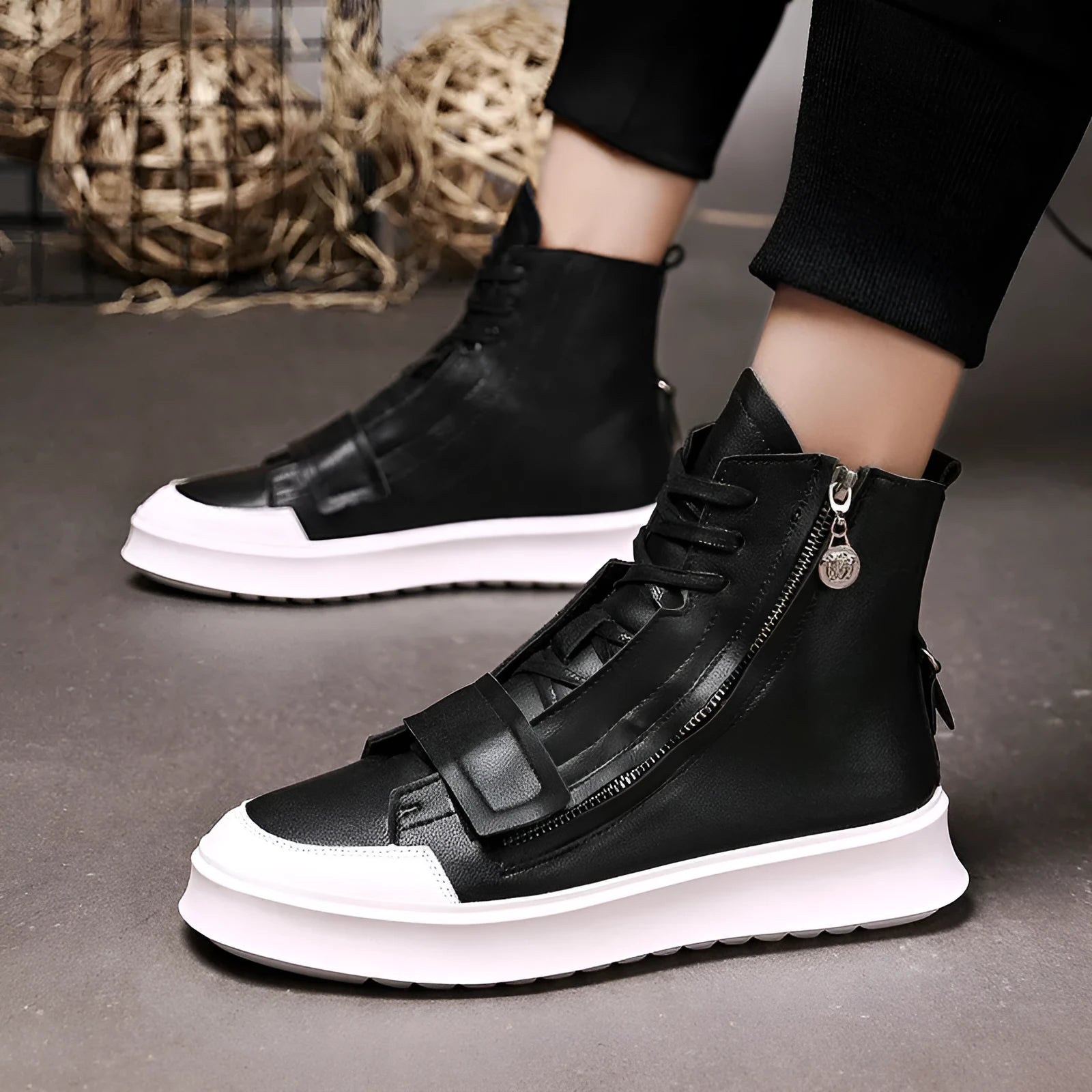 Men's black and white PU leather ankle boots with a high-top sneaker design for winter.