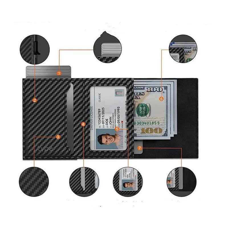 Black genuine leather card holder with stripe pattern, 9.8x6.5x2.1cm, anti-theft credit card function