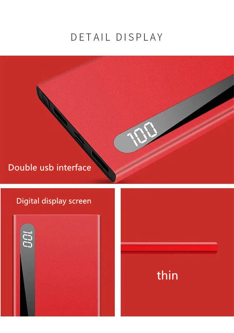 Ultra-thin 20000mAh power bank with digital display, dual USB ports, L172 x W14 x H152, black blue red