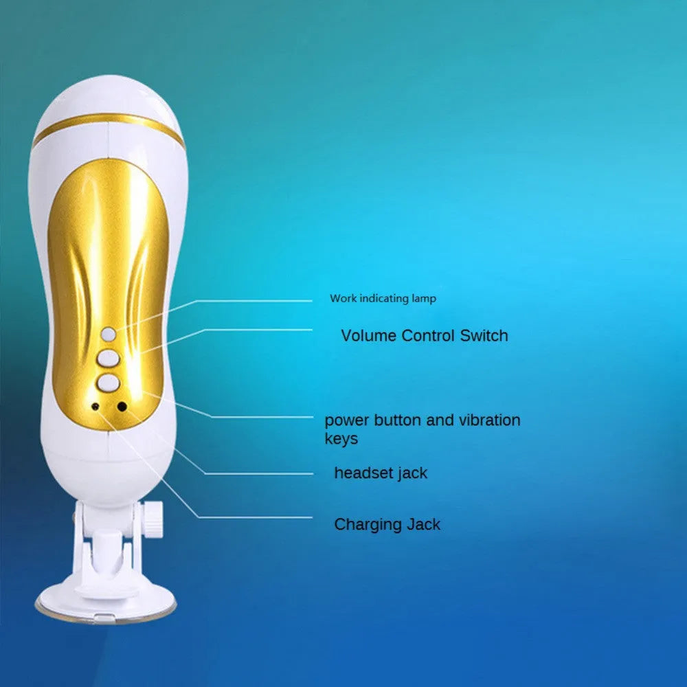 White electric masturbator cup for men with silicone sleeve and USB charging cable, hands-free design