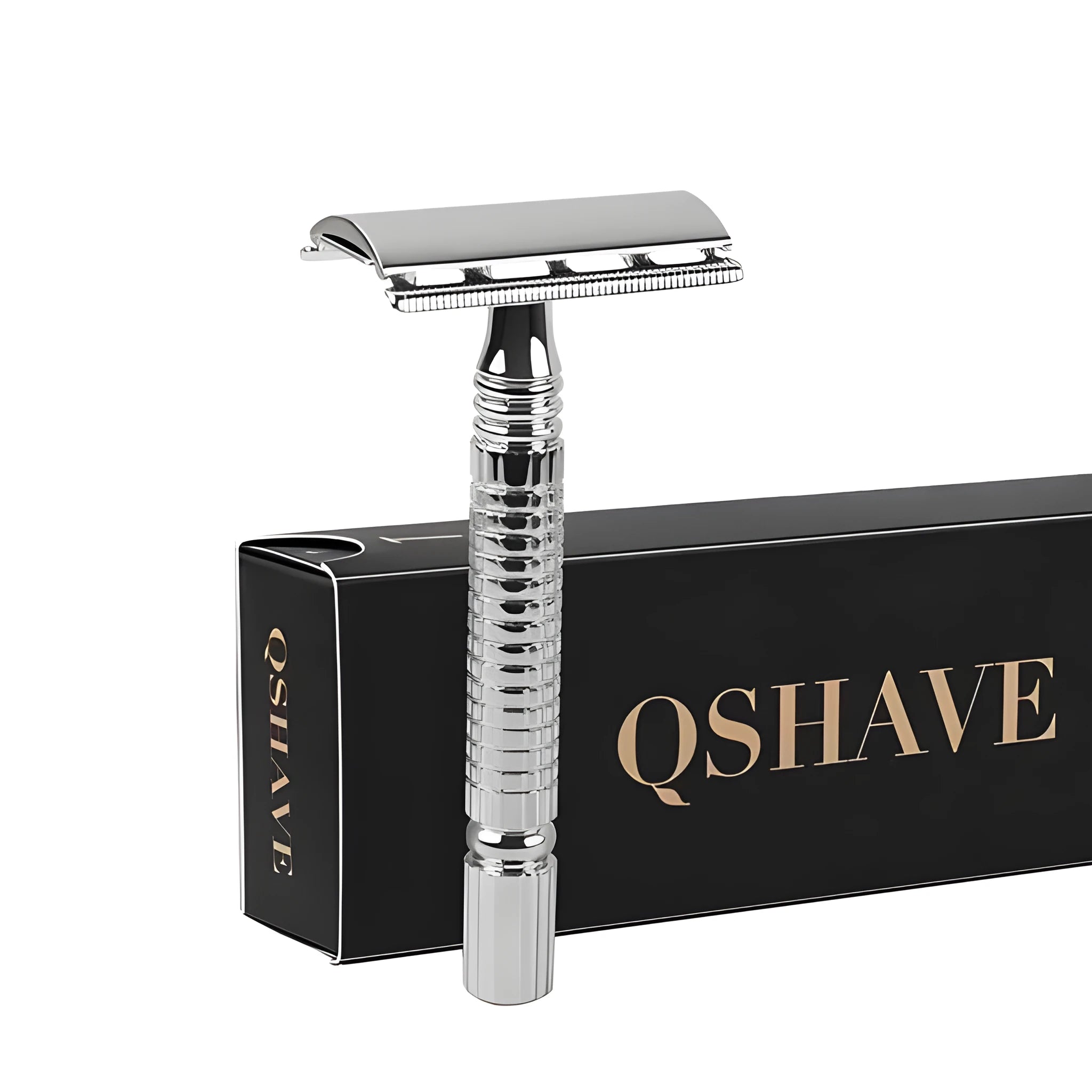 Stainless steel double-edged safety razor with storage box on a bathroom counter.
