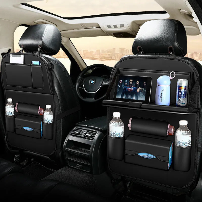 Car seat hanging storage bag in wear-resistant leather, available in beige, black, brown, coffee colours, standard and upgrade styles for vehicle organisation.
