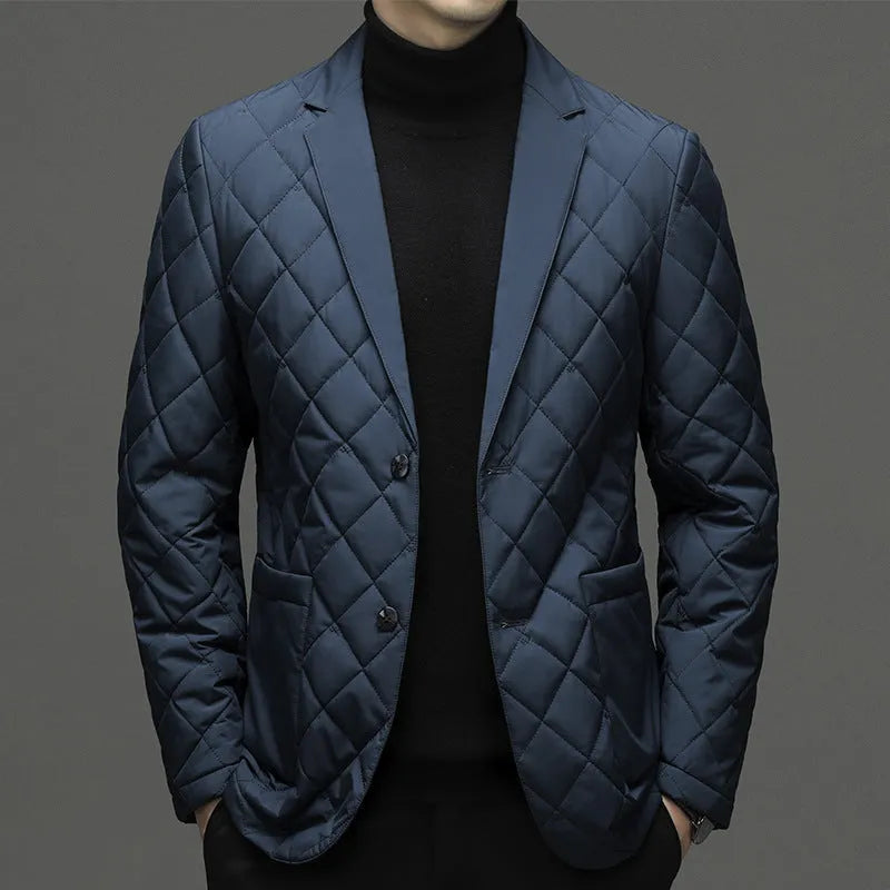 Men's cardigan-style winter down jacket with lapel collar in solid colour with side seam pockets