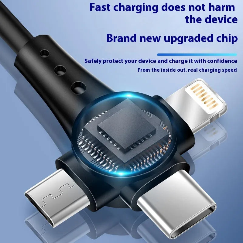 Black telescopic charging cable extended to 1.5 metres with Lightning, Micro USB and Type-C connectors visible