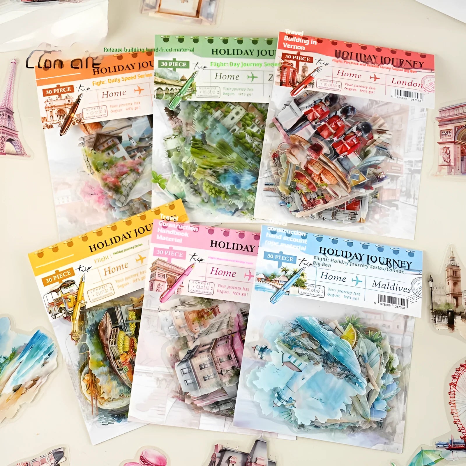 Retro-style journal stickers showing illustrations of world landmarks including Big Ben and the Arc de Triomphe