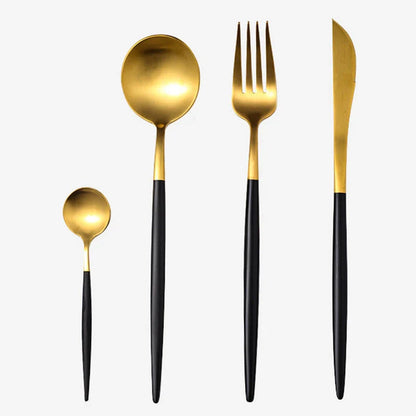 Premium stainless steel cutlery set with a mirror-polished finish, including coffee spoons, dessert spoons, main meal spoons, dessert forks, main forks, and chopsticks, presented in a stylish gift box.