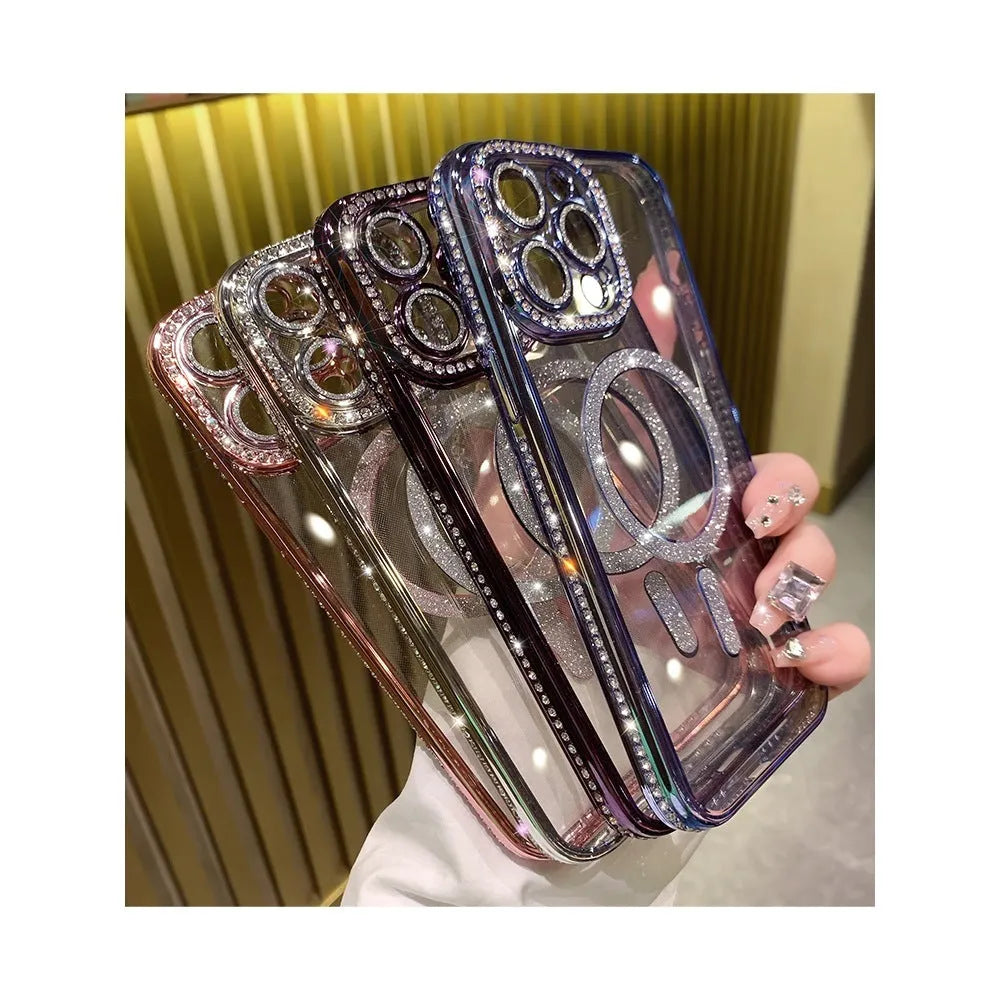 Magnetic wireless charging iPhone case in electroplated colours including deep purple and space silver