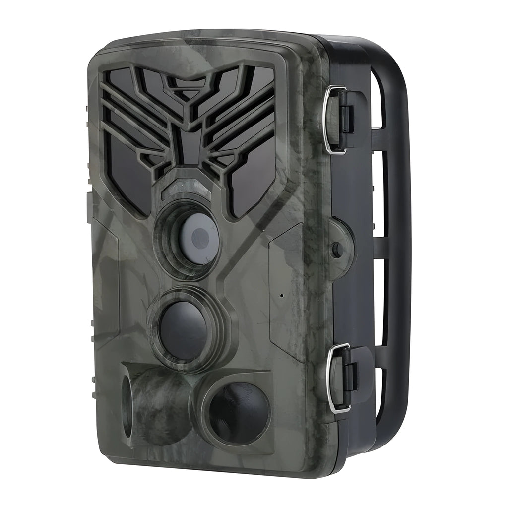 Wifi830 trail camera with camouflage finish, showing lens, IR LEDs, and mounting strap.
