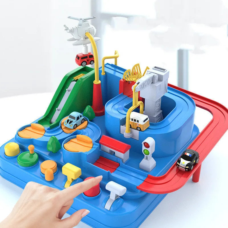 Big Adventure Parking Lot Rail Car Toy Track Set with plastic tracks, cars, and handle remote control.
