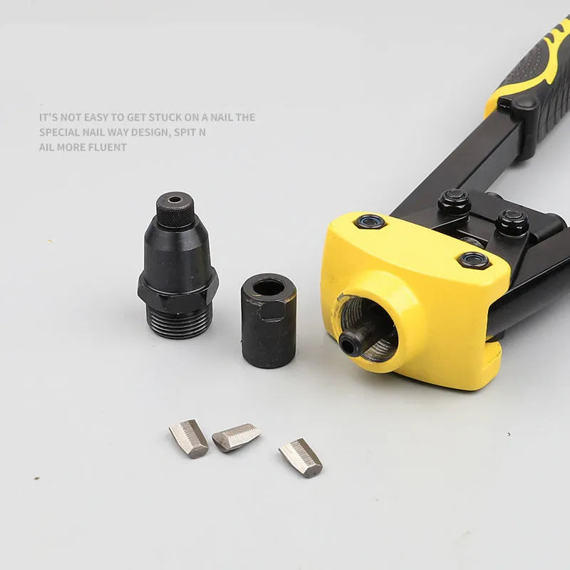 Yellow 13-inch manual rivet gun with three built-in tip sizes for household repair work