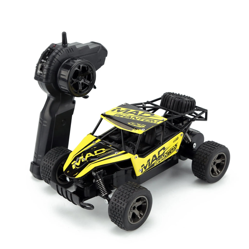 Blue and yellow 1:18 scale RC drift car with 2.4G remote control on charging cable