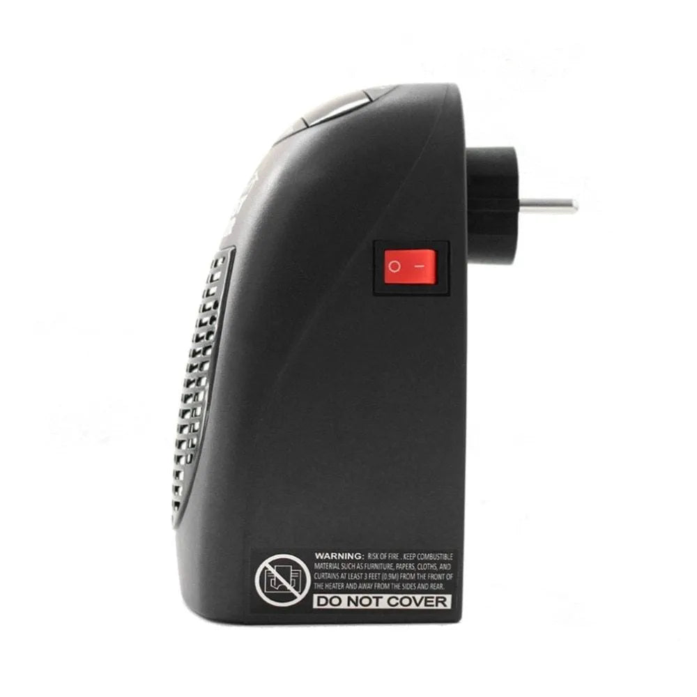 Black portable mini ceramic electric heater with digital display and a rotating plug on a white background.
