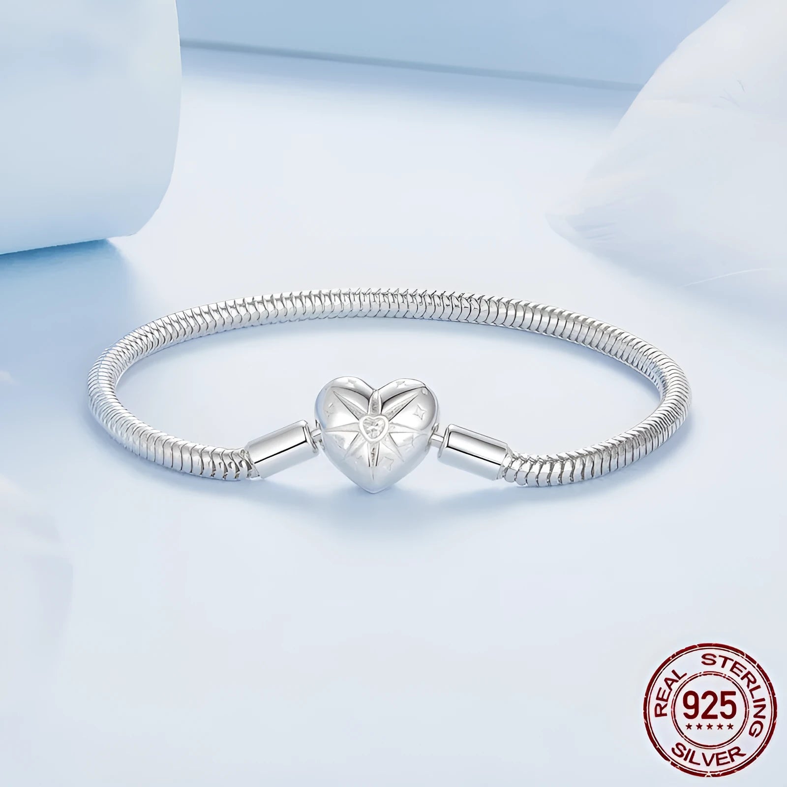 Mang Heart S925 sterling silver snake bone bracelet on white background
