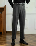 Grey straight-leg high-waist casual trousers on hanger showing regular fit