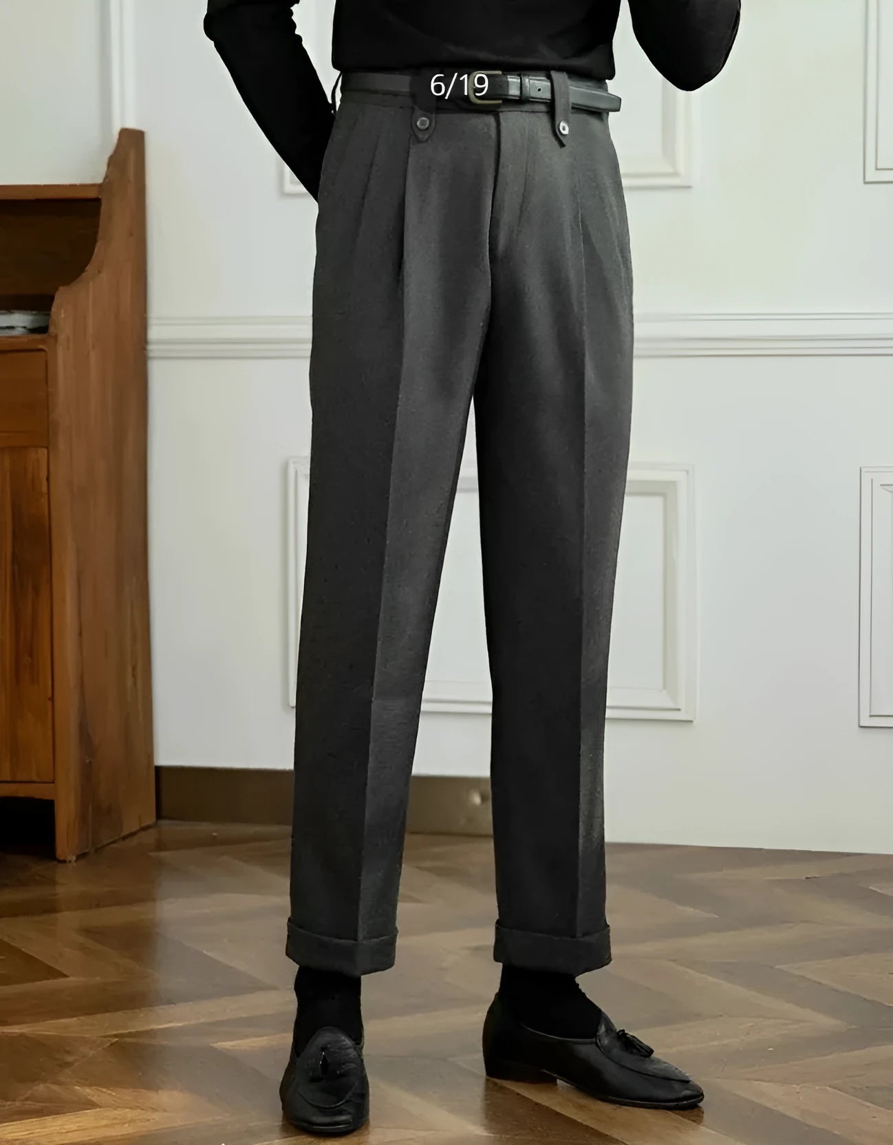 Grey straight-leg high-waist casual trousers on hanger showing regular fit