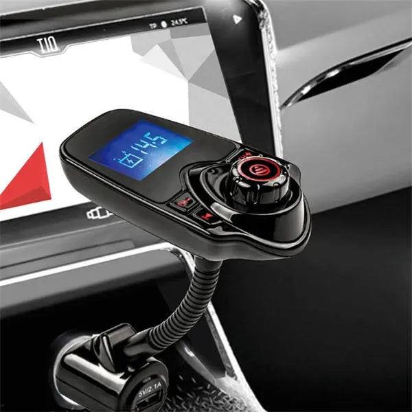 Black Bluetooth player with FM radio and microphone on a table