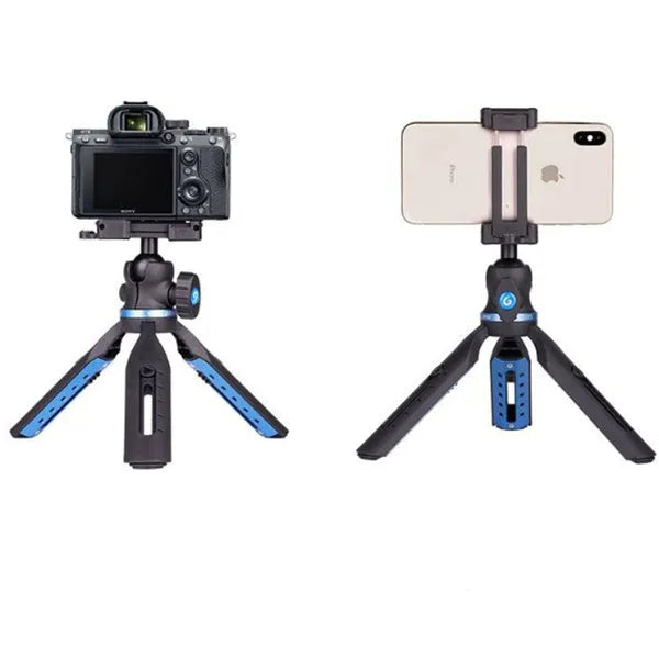 Black desktop phone tripod made of aluminium alloy and plastic, holding a smartphone.