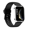 Black or silver smart watch with 1.69-inch screen on a silicone strap, showing heart rate and call functions.