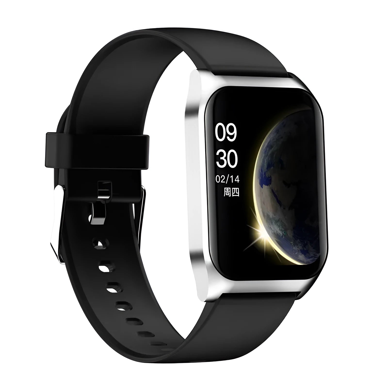 Black or silver smart watch with 1.69-inch screen on a silicone strap, showing heart rate and call functions.