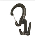 Small black aluminium rope tightening mechanism with carabiner clip on a rope