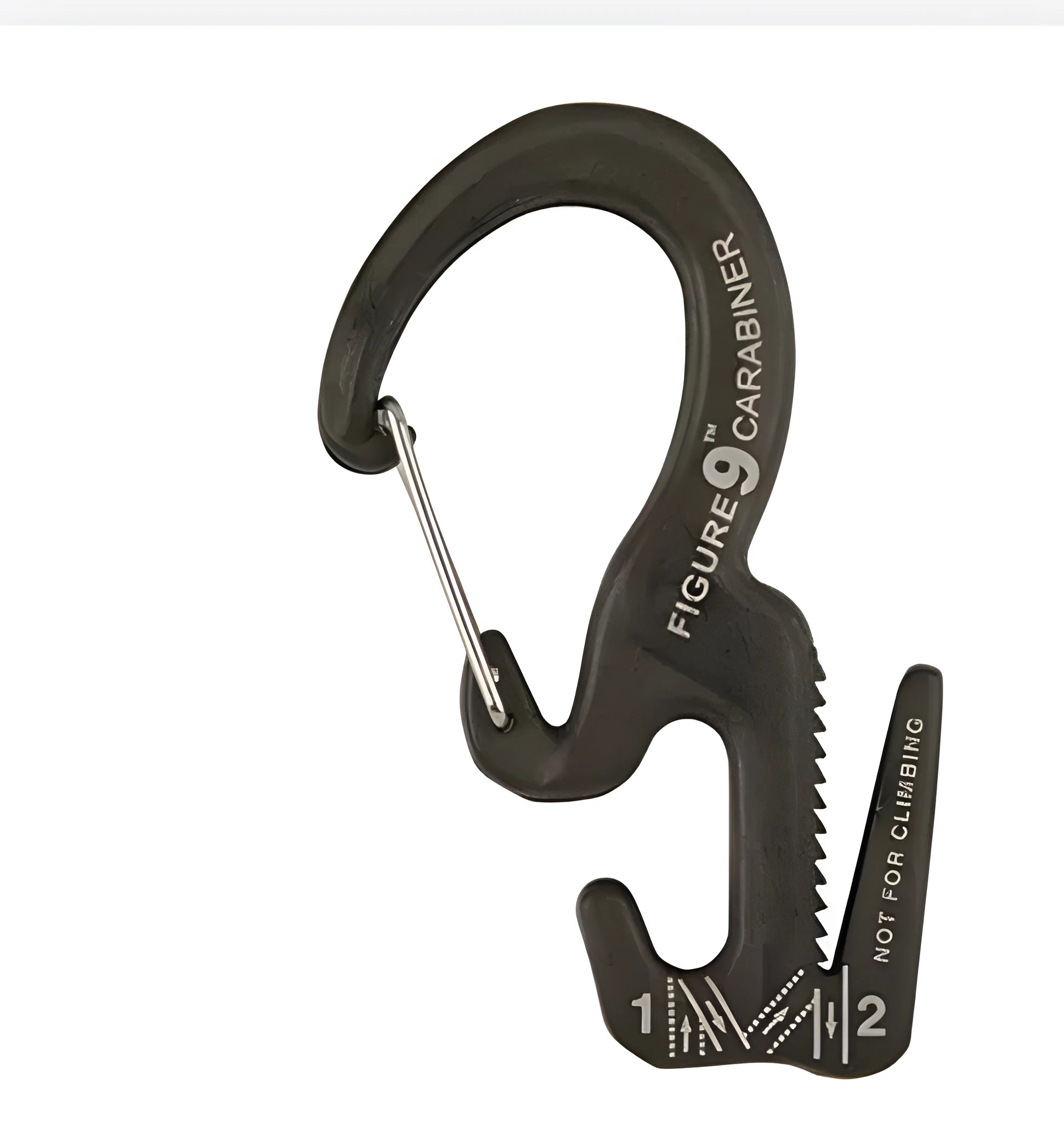 Small black aluminium rope tightening mechanism with carabiner clip on a rope