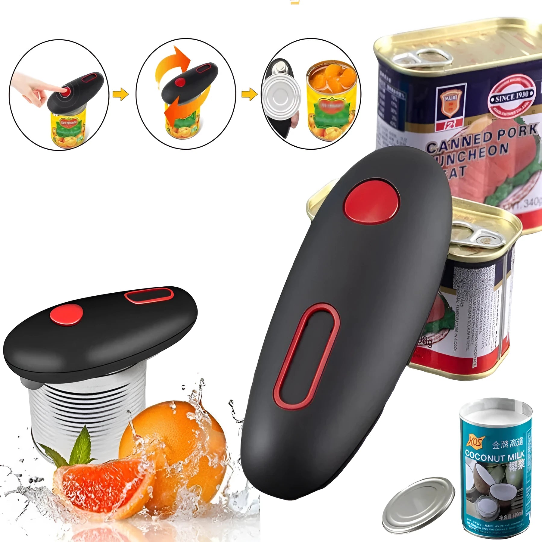 Black plastic electric can opener with battery compartment and cutting mechanism