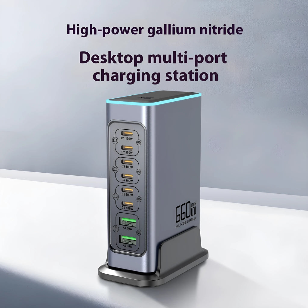 660W Gallium Nitride desktop fast charger with multiple Type-C ports on a wooden desk