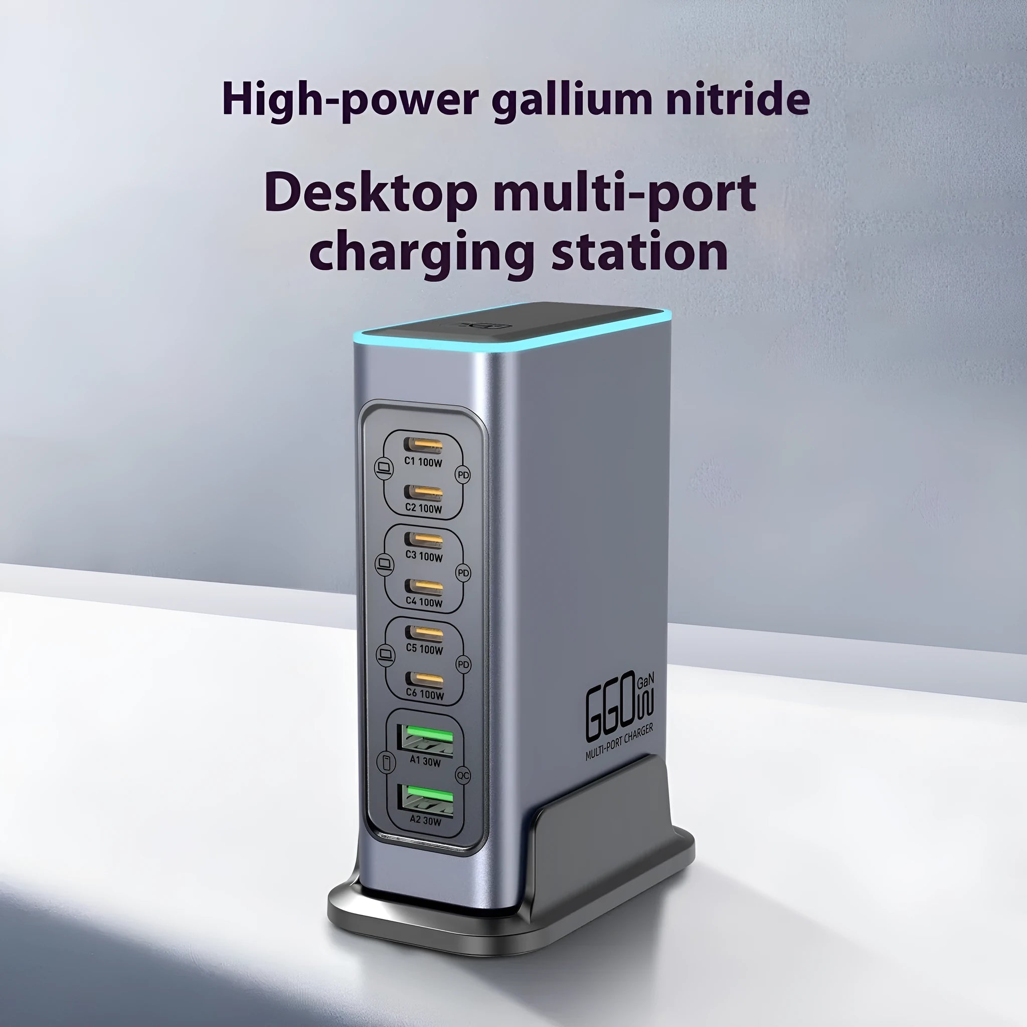 660W Gallium Nitride desktop fast charger with multiple Type-C ports on a wooden desk