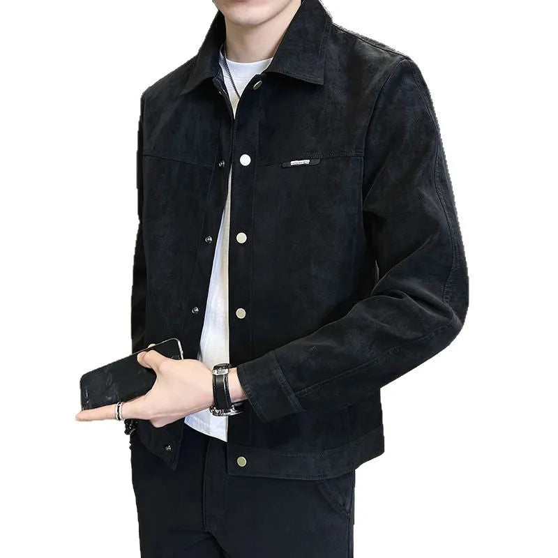 Men's suede lapel spring jacket in brown or black with long sleeves, side seam pockets and polyester lining