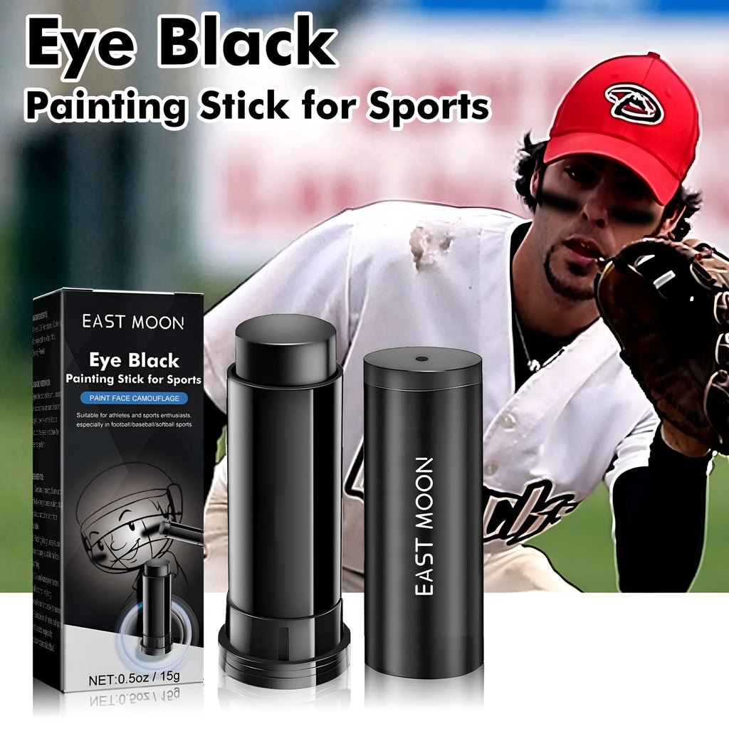 Sports eye black paint stick in compact 8.6cm case for sweat-proof glare reduction.