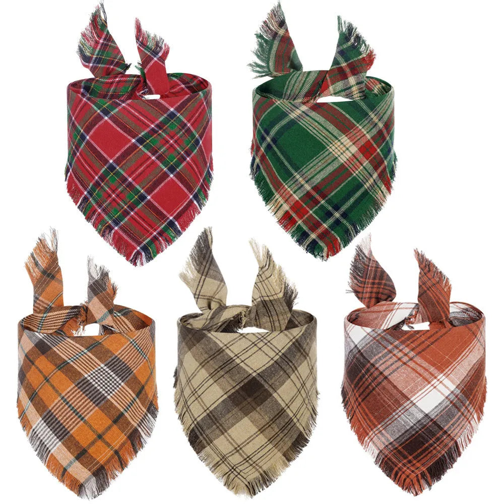 Classic plaid dog bandana with tassels edges in autumn colours