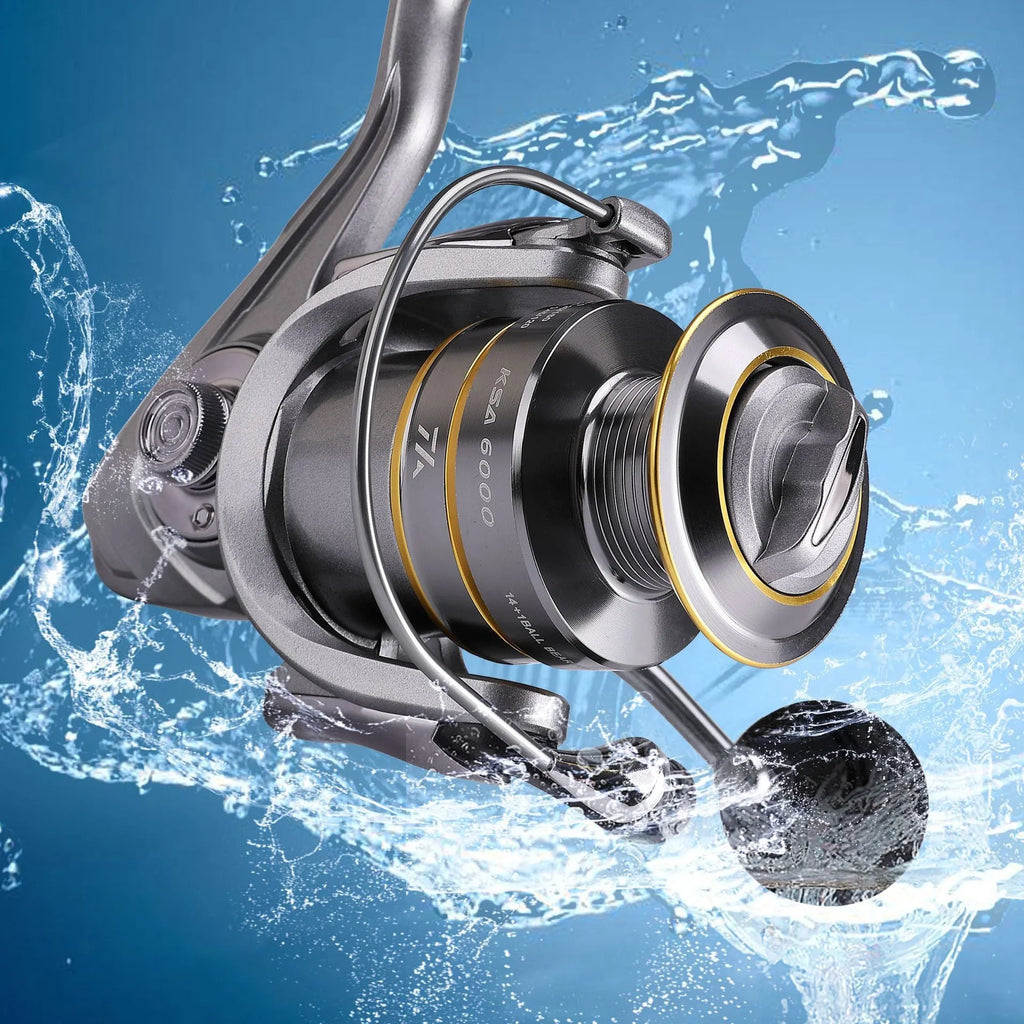 Silver sub fishing line wheel spinning reel with metal wire cup, folding rocker arm and copper gear bar, sizes KSA1000 to KSA5000