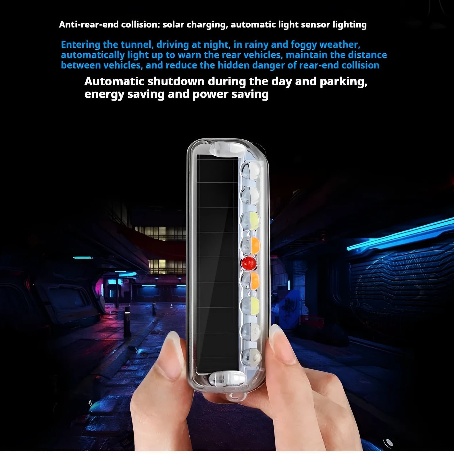 Solar power vehicle anti-collision strobe light, 80x2.5mm, ABS, blue red white colours