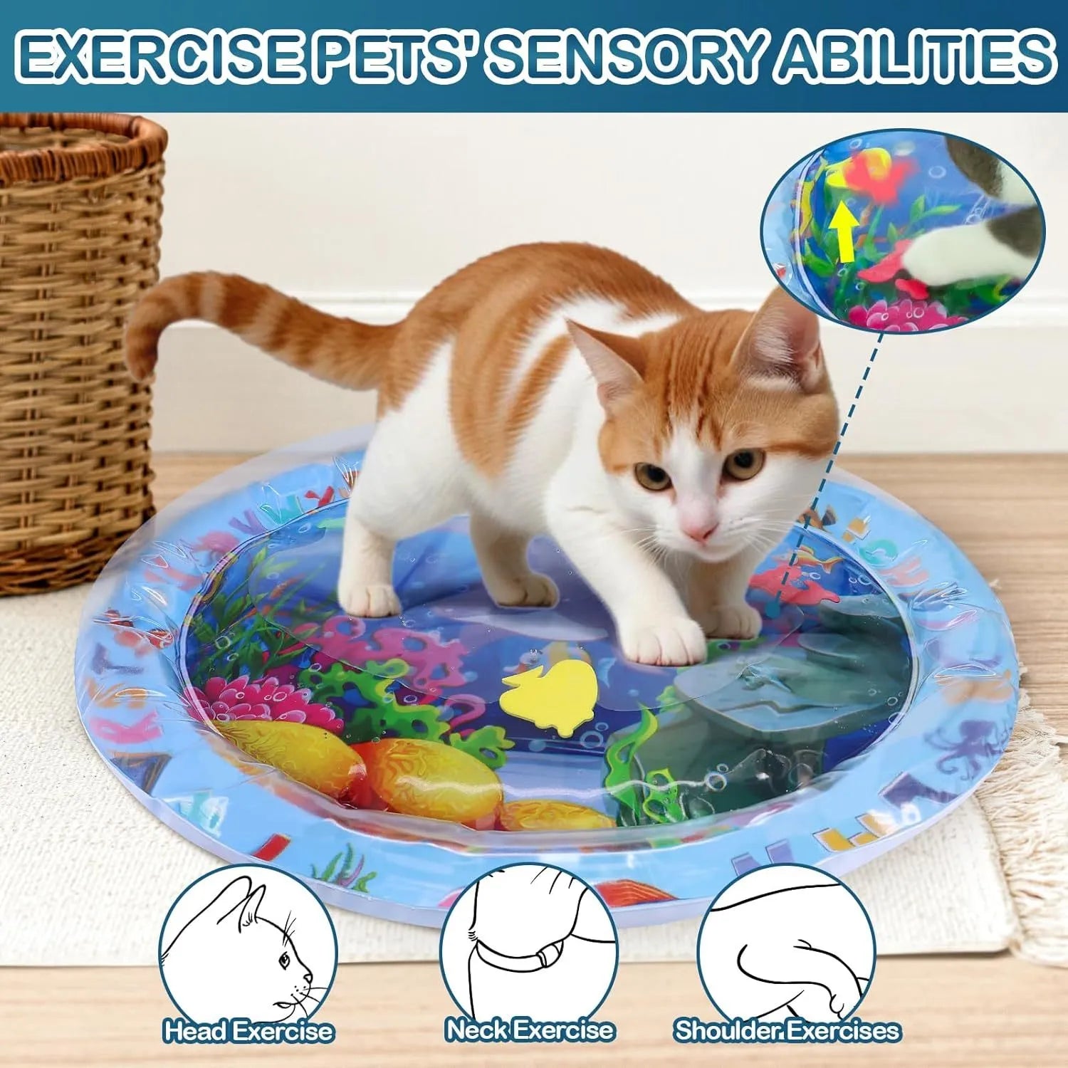 Thickened PVC water playmat for cats and dogs on a floor, showing floating fish toys inside.