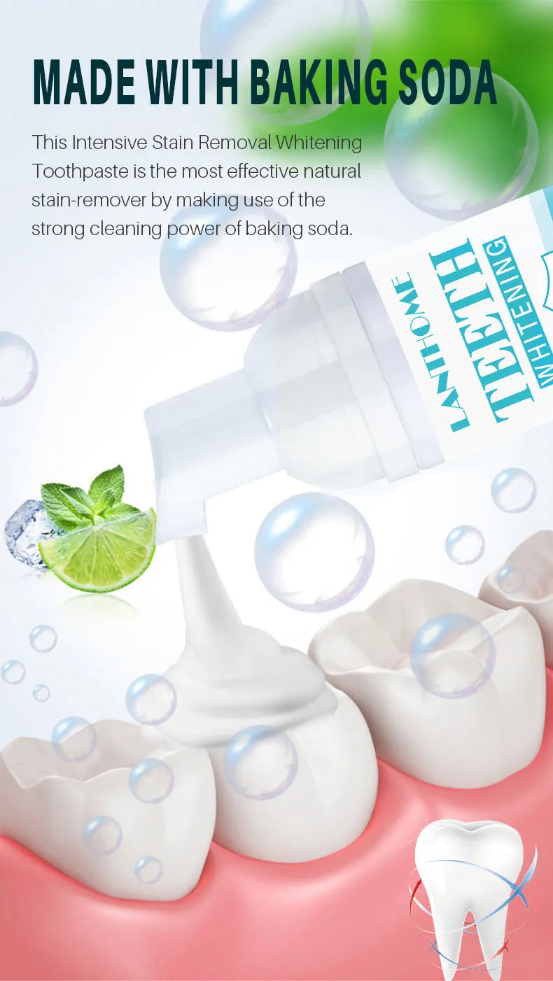 Teeth whitening mousse 50ml oral cleaning foam in white bottle with blue label