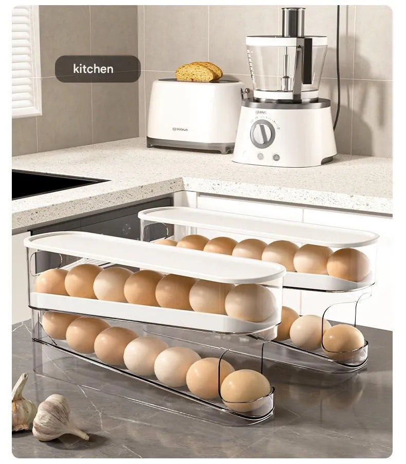 Clear plastic slide-out egg tray dispenser holding 12 eggs on refrigerator side door shelf